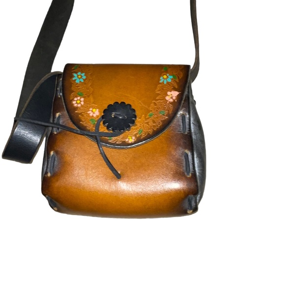 Vintage Hand Tooled Hand Painted Leather Purse Brown Grey Pink Floral BoHo 70’s - Picture 5 of 8